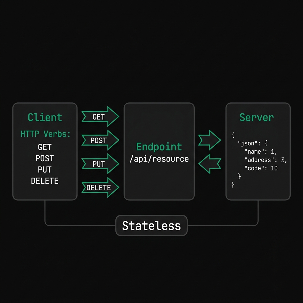 Diagrama técnico de una arquitectura REST mostrando la interacción entre un Cliente y un Servidor mediante peticiones Stateless sobre un Resource específico