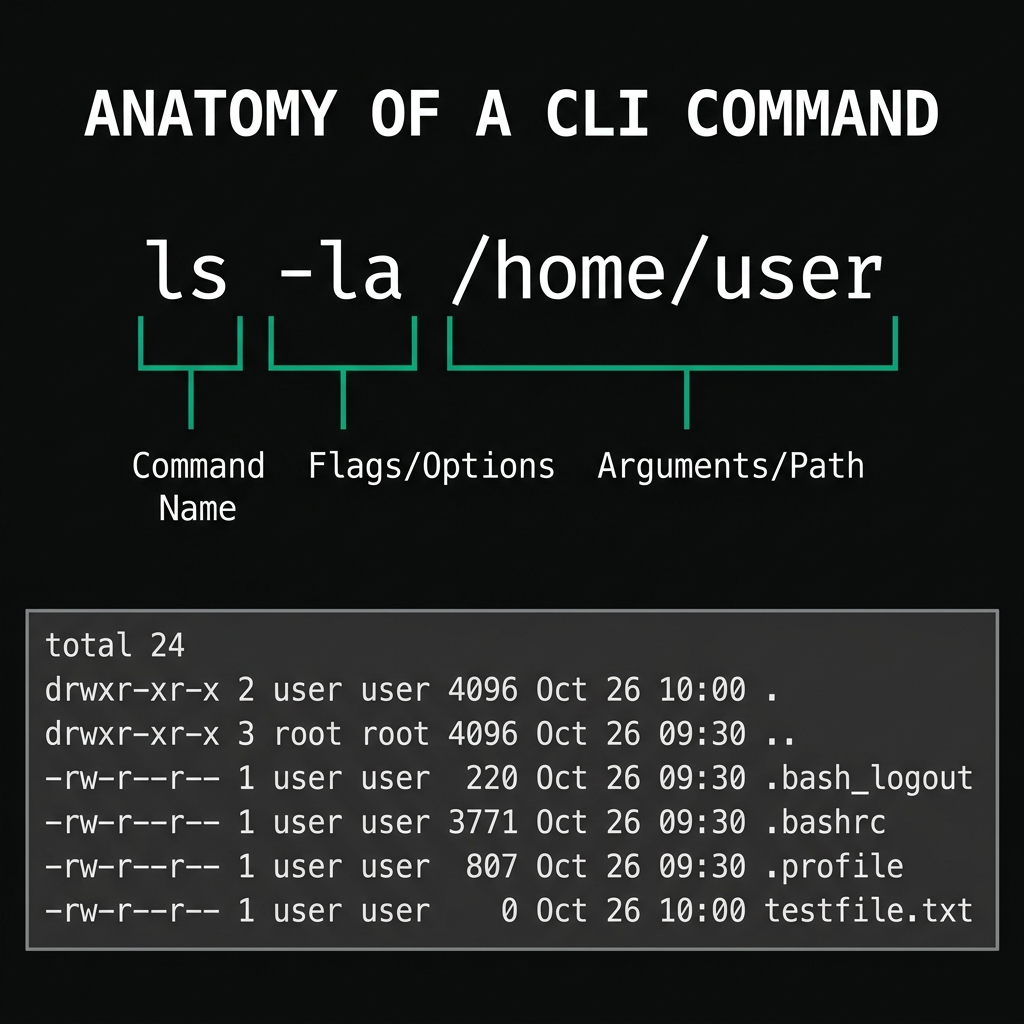 Diagrama que muestra la anatomía de un Command: Nombre, Flag y Argumentos