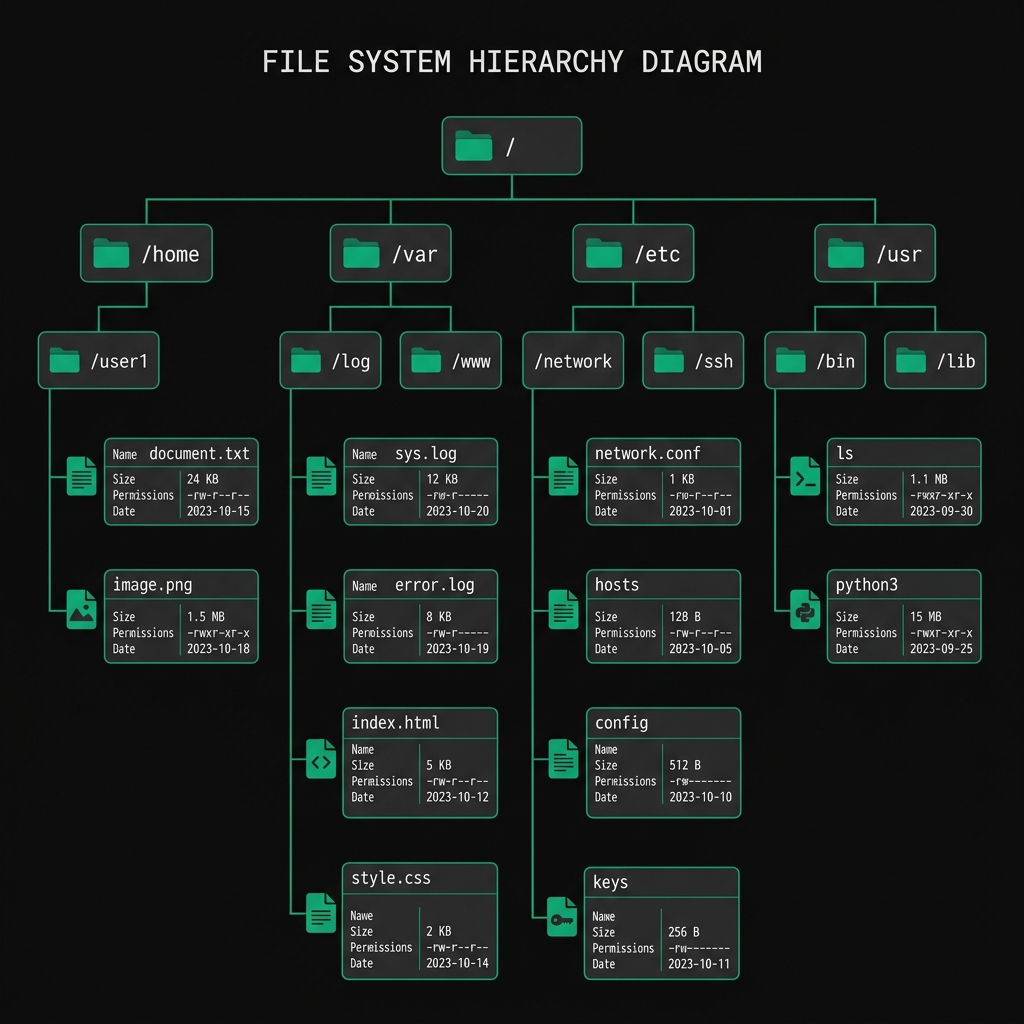 Diagrama de la jerarquía de un File System mostrando carpetas raíz, subdirectorios y archivos con sus Metadata