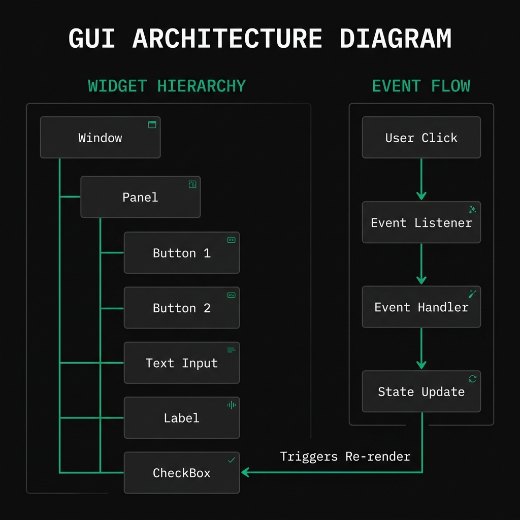 Diagrama de un Layout mostrando la jerarquía de Widgets y el flujo de un Event