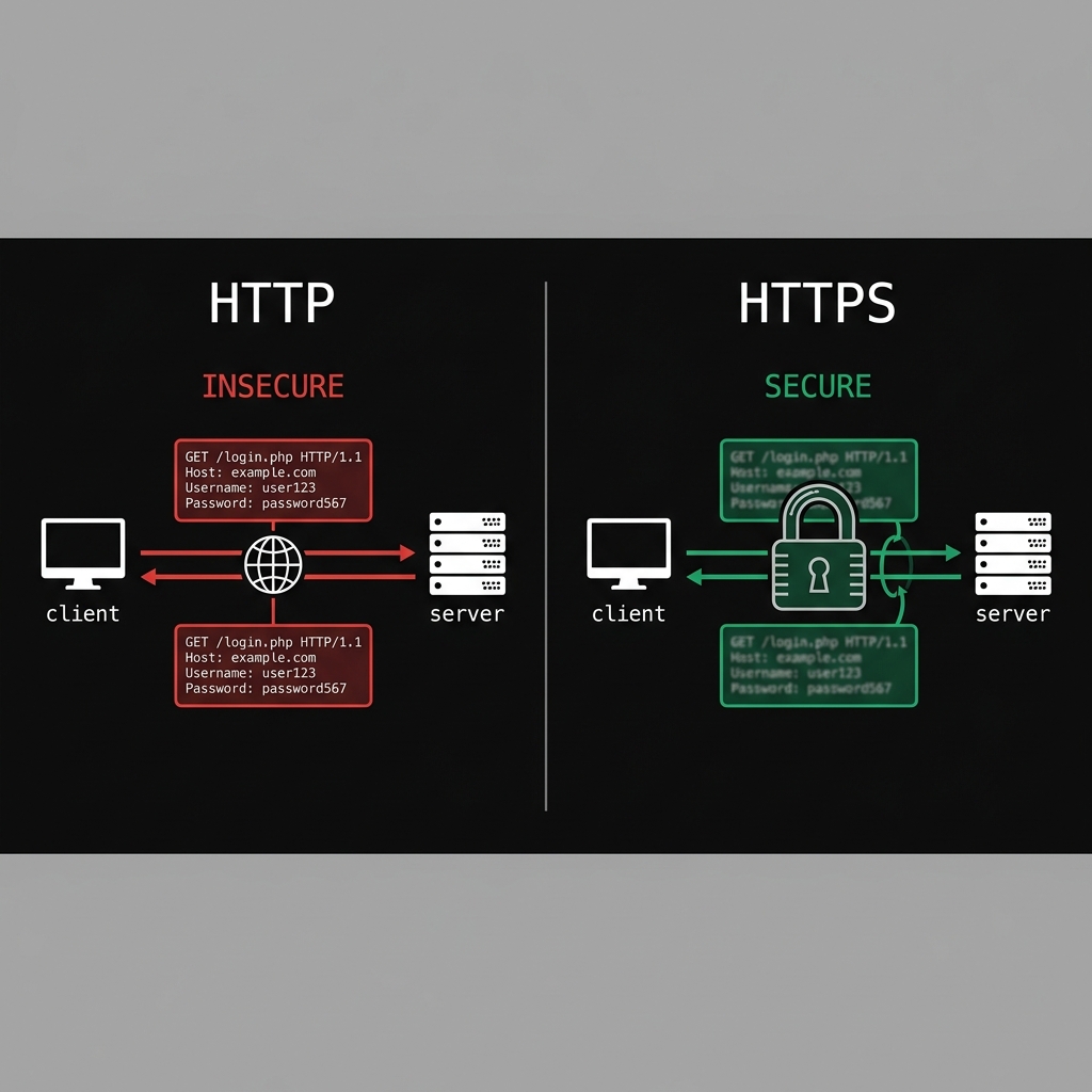 Diagrama técnico comparando el flujo de datos en texto plano de HTTP frente al flujo protegido por SSL/TLS en HTTPS mediante Encryption