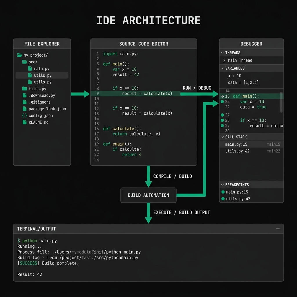 Diagrama de un IDE mostrando la integración del Source Code Editor con el Debugger y el sistema de Build Automation