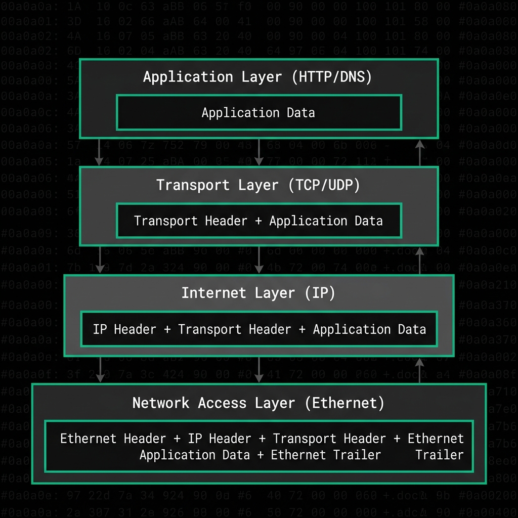 Diagrama técnico mostrando la encapsulación de un Packet mientras atraviesa las capas del TCP/IP Suite