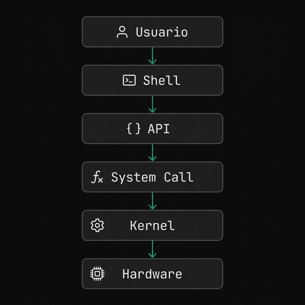 Diagrama de capas: Usuario -> Shell -> API -> System Call -> Kernel -> Hardware