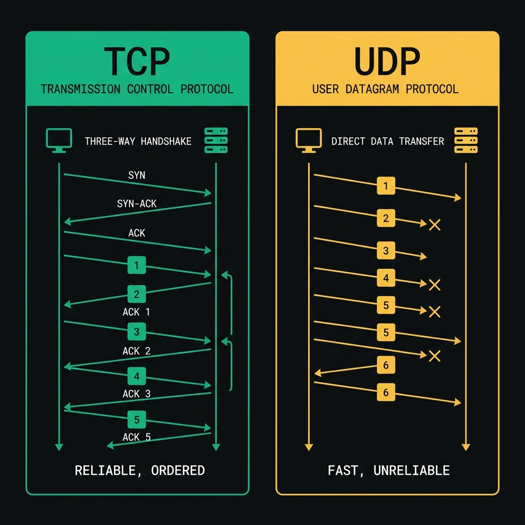 Diagrama técnico comparando el flujo de datos entre un Three-Way Handshake de TCP y el envío directo de UDP