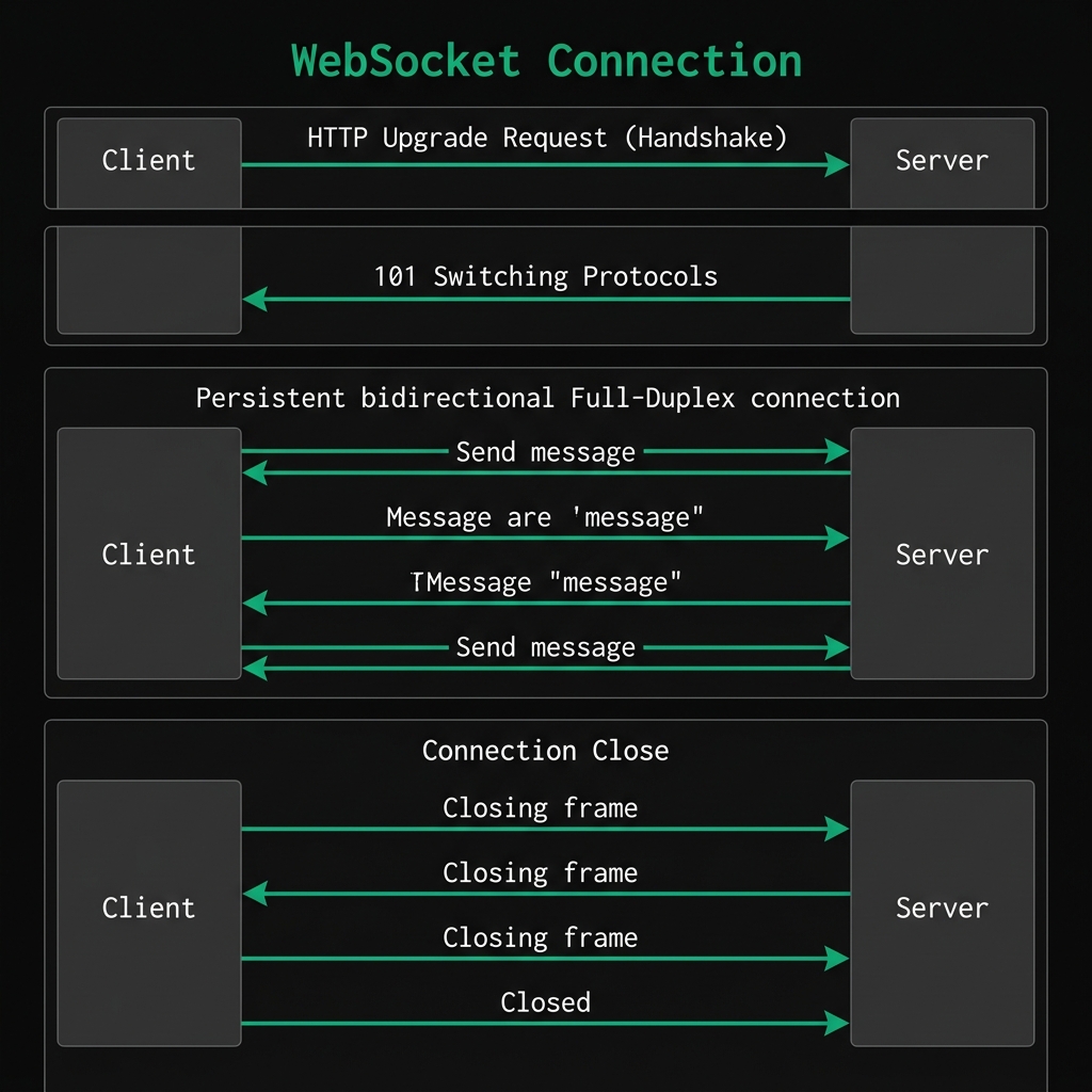 Diagrama técnico que muestra el proceso de Handshake seguido de un flujo de datos Full-Duplex constante
